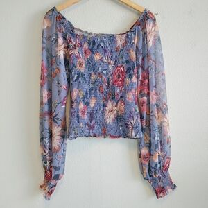 Anthropologie Rouen Purple Floral Smocked Sheer Blouse Sz XS Boho Peasant